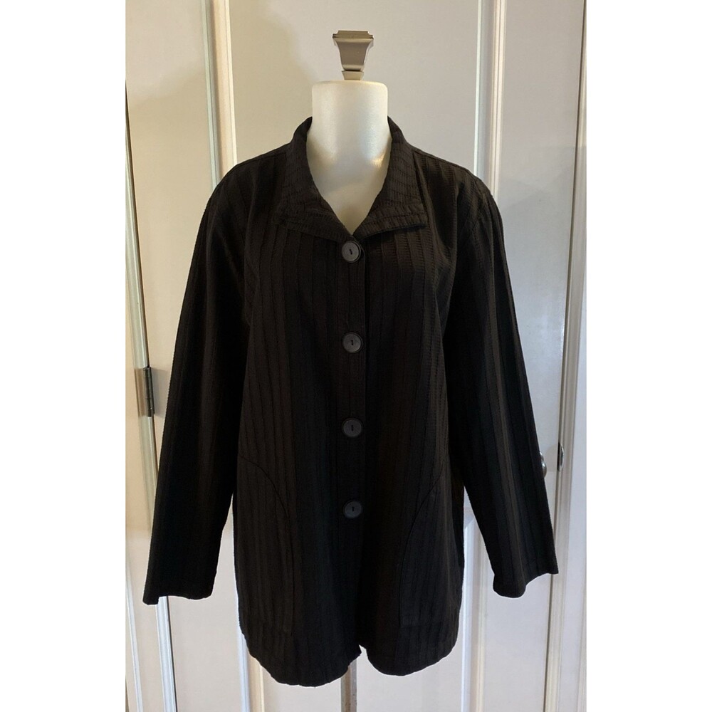Focus Casual Life Size Large Black Cotton Button Front Jacket Long Sleeve
